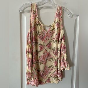 Shyanne Floral Cold Shoulder Rayon Blouse - Yellow and Pink- Women’s Size M